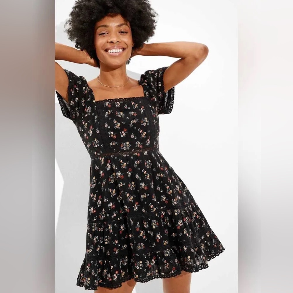 AE Women’s Lace Tiered Black Floral Mini Dress